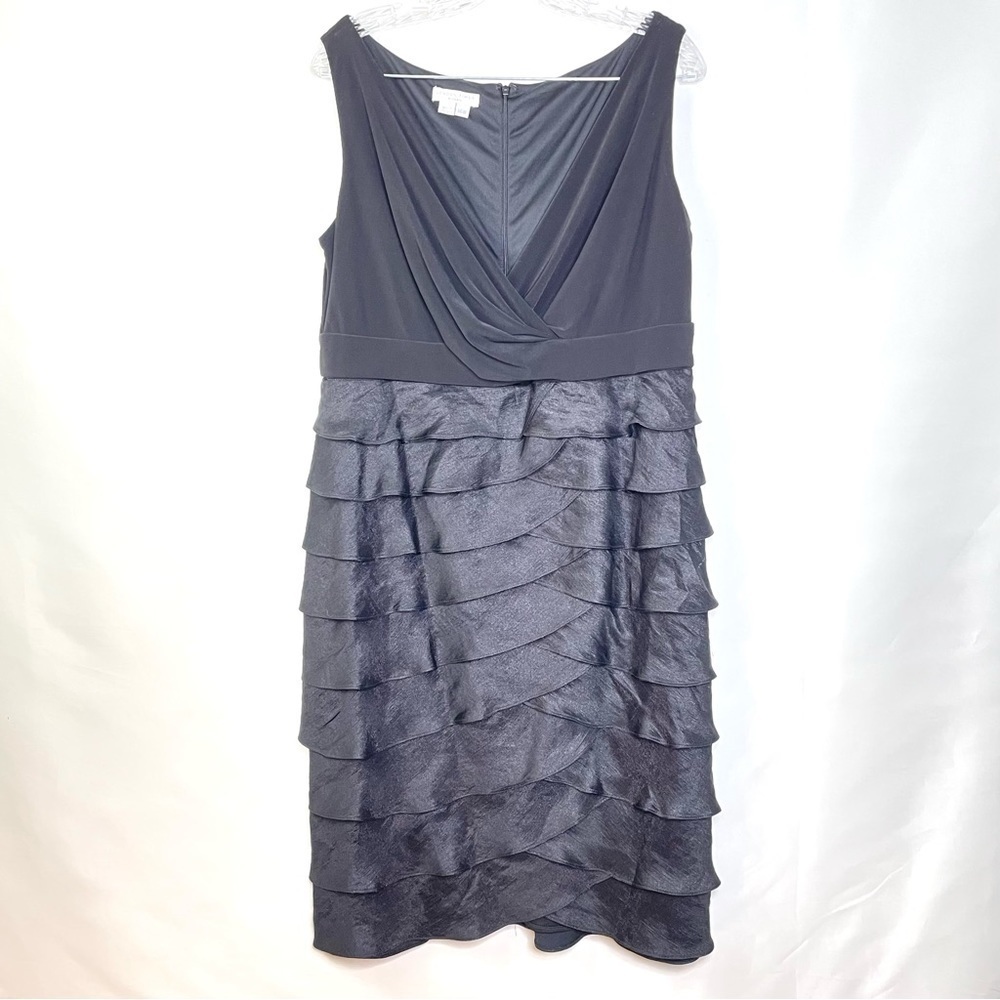 London Times Woman Black Tiered Drape Front Little Black Dress Sz 14
